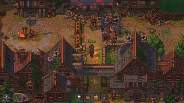 The keeper standing among buildings and residents in the town.